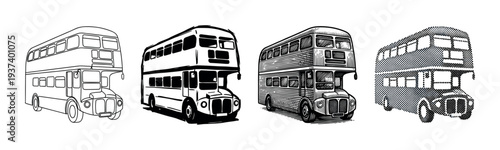 Four vintage double-decker bus illustrations in different graphic styles including line art, engraving, solid black, and halftone dot pattern for a retro design concept