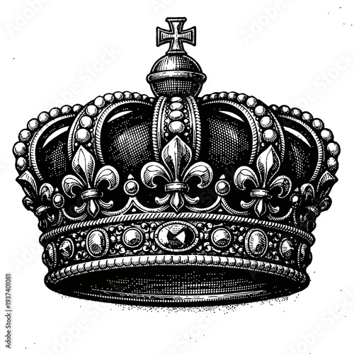 Exquisite Engraved Royal Crown Illustration Featuring Ornate Fleur-de-lis Embellishments and a Prominent Christian Cross Finial, Classic Vintage Monarchical Symbolism in a Detailed Black and White Art