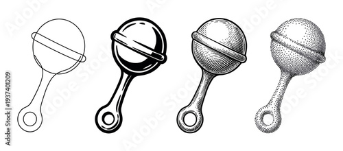Four black and white baby rattles illustrated in a variety of artistic styles including line art, graphic silhouette, vintage engraving, and stippling dotwork for a design set