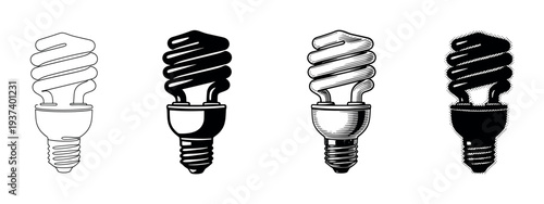 Four compact fluorescent light bulbs in different graphic styles, including line art, silhouette, engraving, and halftone dot pattern for energy saving concepts