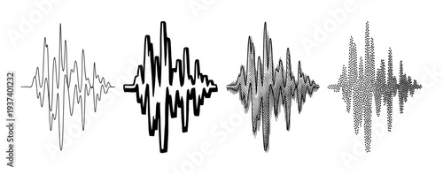 Set of four black sound waves showing different graphic styles including thin line, solid shape, hatching, and stippling for audio visualization and music concepts