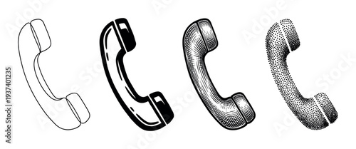 Vintage telephone receiver handset collection shown in four distinct black and white illustration styles: outline, solid icon, detailed engraving, and stipple dot art