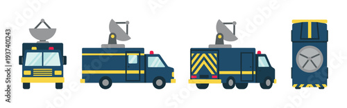 Set of four dark blue news broadcast vans with a satellite dish, shown from the front, side, rear, and top views in a simple flat vector illustration style