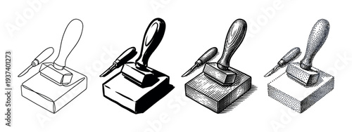 Set of four printmaking tool illustrations showing a brayer and carving gouge in different artistic styles like line art, hatching, stippling, and solid graphic design