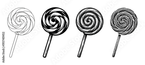 Set of four round swirl lollipops illustrated in different artistic techniques like line art, high contrast graphic, detailed engraving, and stippling dotwork