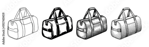 Collection of four sports duffel bags rendered in different black and white illustration styles, including outline, solid ink, hatching, and stippling