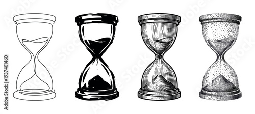 Four hourglass illustrations in different artistic styles including continuous line art, brush stroke, vintage engraving, and stippling, symbolizing the passage of time