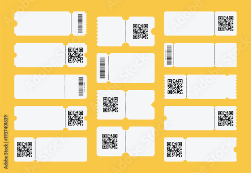 Set of white blank tickets mockup. Empty flat template Tickets. For cinema, sale coupon, circus, theater, festival. Minimalist coupons set. Isolated background