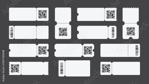 Set of white blank tickets mockup. Empty flat template Tickets. For cinema, sale coupon, circus, theater, festival. Minimalist coupons set. Isolated background