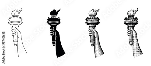 Set of four hand-held torch illustrations in different graphic styles including line art, silhouette, engraving, and halftone, symbolizing liberty, freedom, and hope