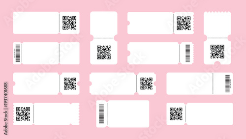 Set of white blank tickets mockup. Empty flat template Tickets. For cinema, sale coupon, circus, theater, festival. Minimalist coupons set. Isolated background