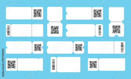 Set of white blank tickets mockup. Empty flat template Tickets. For cinema, sale coupon, circus, theater, festival. Minimalist coupons set. Isolated background