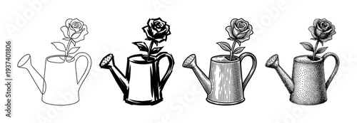 Set of four watering cans with roses, each hand-drawn in a unique black and white artistic technique like continuous line, ink wash, vintage engraving, and stippling