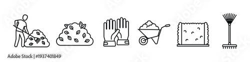 Gardening and yard work line art icons showing a person raking, a pile of leaves, gloves, a wheelbarrow, a waste bag, and a rake in a minimalist black and white style