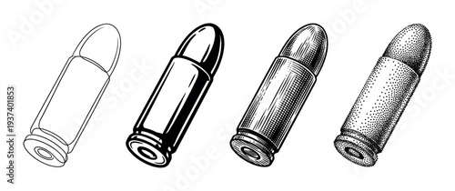 Collection of four handgun bullets rendered in various monochrome artistic techniques including simple outline, solid black, classic hatching, and detailed pointillism