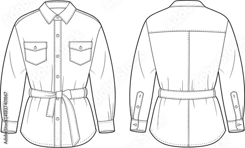 Flat vector cad drawing of belted shirt with button front, flap pockets, long sleeves, back yoke, and curved hemline detail