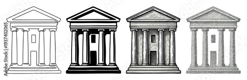 Four classical building illustrations in different graphic styles including line art, silhouette, engraving, and stippling, showing a progression of artistic techniques