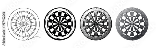 Set of four black dartboard illustrations showing different artistic styles, including line art, solid graphic, vintage engraving, and modern stippling for various design concepts