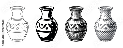 Set of four illustrated ceramic vases with decorative patterns shown in different artistic styles like line art, brushstroke, engraving, and halftone dot pattern