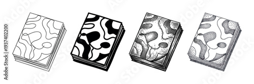 Four stacks of paper with abstract patterns showcasing different artistic styles like line art, solid shapes, hatching, and stippling in a black and white graphic illustration