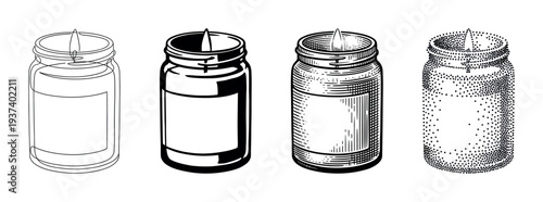 Set of four scented candles in glass jars illustrated in various black and white graphic techniques including line art, high contrast, hatching, and pointillism