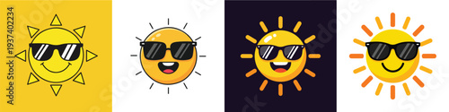 A smiling sun with sunglasses, flat design, single cute design, vector illustration, white background, solid warm colors.