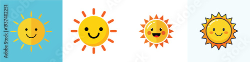 A smiling sun, flat design, single cute design, vector illustration, white background, solid warm colors.