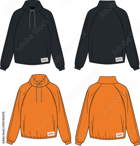 Flat vector cad illustration of unisex pullover sweatshirt with high neck collar, front back view, drawstring detail, casual wear