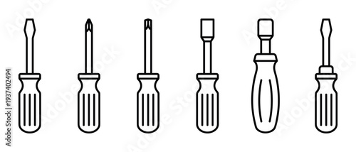 Set of six black line art screwdriver icons showing different types of hand tools for repair and construction, presented in a minimalist and clean graphic vector style