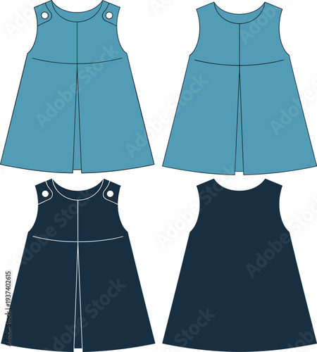 Flat technical vector illustration of baby girl pleated dress, sleeveless design, front and back view for kidswear fashion cad