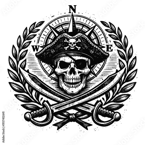 Vintage Pirate Skull Emblem: Black and white illustration of buccaneer skull with eyepatch, tricorn hat (skull & crossbones), compass, crossed cutlasses, and laurel wreath. Ideal for nautical tattoo a