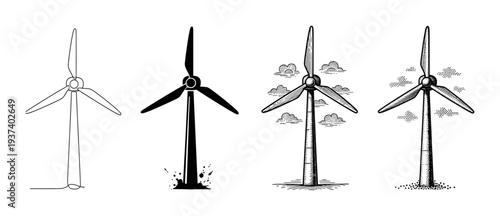 Set of four wind turbine illustrations in various artistic styles including continuous line art, silhouette, engraving, and stippling, representing renewable energy concepts