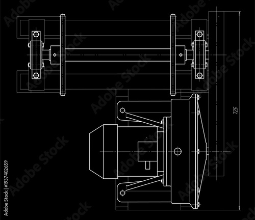 Assembly drawing of reducer. Vector working drawing of steel mechanical device with shaft, gear, 
electric engine, bolted connection and dimension lines. Engineering cad scheme. Technical template. 