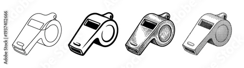 Set of four black whistles illustrated in various graphic styles like line art, retro engraving, and halftone dot pattern for sports or coaching concepts