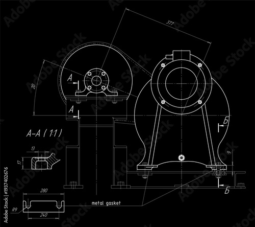 Assembly drawing of reducer. Vector working drawing of steel mechanical device with shaft, gear, 
electric engine, bolted connection and dimension lines. Engineering cad scheme. Technical template. 