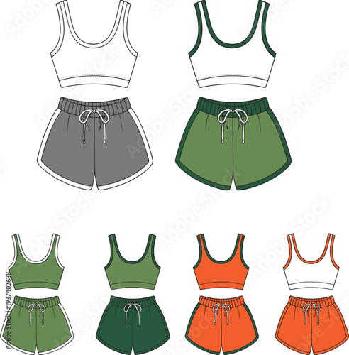 Flat vector fashion cad drawing, women’s sportswear outfit collection, crop top and drawstring shorts, front back technical apparel design