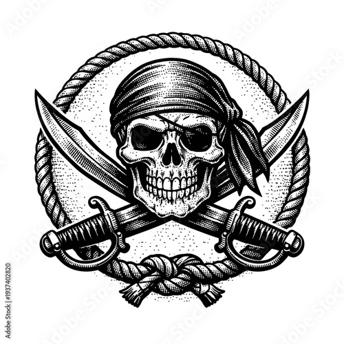 Vintage Engraved Pirate Skull Emblem with Eyepatch, Bandana, and Crossed Cutlasses, encircled by a Nautical Rope, a Classic Symbol of Swashbuckling Sea Adventures, Rebellion, and Maritime Legends, Ide