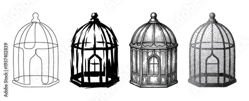 Set of four black birdcage illustrations showcasing different artistic styles including line art, silhouette, detailed engraving, and stippling for a versatile design collection