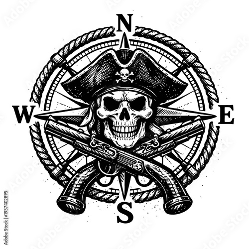 Vintage Pirate Skull with Tricorn Hat & Skull and Crossbones Emblem, Centered on a Nautical Compass Rose with Cardinal Directions (N, E, S, W) and Crossed Flintlock Pistols. Engraved Style Adventure D