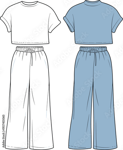 Flat sketch of women's loungewear set, crop top and drawstring pants, vector fashion template, casual outfit design, comfy apparel.
