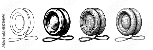 Four black and white yo-yo toy illustrations showcasing different artistic styles including line art, brushstroke, engraving, and stippling in a classic, hand-drawn set
