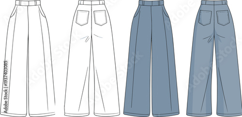 Flat sketch wide leg jeans front and back view, fashion technical drawing, denim pants design, women’s apparel template illustration