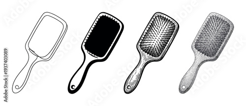 Set of four hairbrush illustrations showing different artistic styles including continuous line, silhouette, engraving, and stippling for grooming and beauty concepts