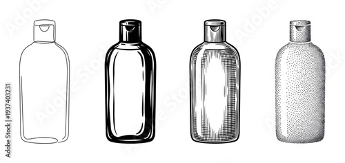 Four cosmetic bottle illustrations in a set of different artistic styles, from simple one-line drawing to bold graphic, vintage engraving, and dotwork stippling