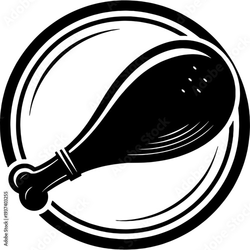 Black silhouette of a chicken drumstick inside a circular frame, vector icon style.