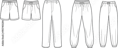 Flat sketch pants and shorts, technical drawing activewear, fashion bottom template for designers, casual joggers, woven trousers, vector illustration flat vector illustration
