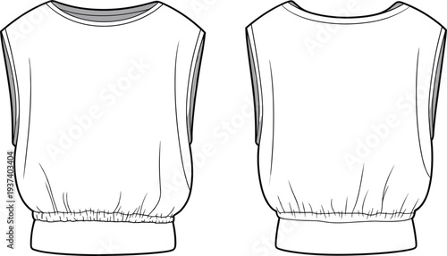 Flat sketch of women's sleeveless loose tank top with elastic hem, front and back view, fashion technical drawing, apparel template flat vector illustration
