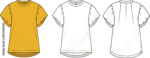 Flat sketch of yellow short sleeve top, front and back view, round neck blouse, flutter sleeve design, vector fashion template flat vector illustration