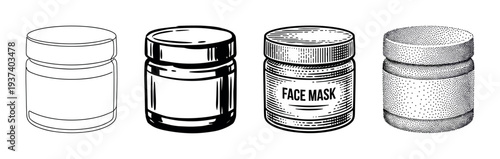 Four cosmetic jars in different artistic styles showing a progression from simple outline to bold shadow, detailed engraving, and classic stippling for a face mask product
