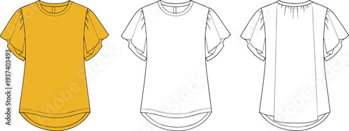  Flat sketch of yellow ruffle sleeve top, front and back view, curved hem blouse, fashion technical drawing, vector template flat vector illustration